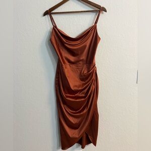 PARTHEA Burnt Orange Satin Cowl Neck Ruched Midi Dress